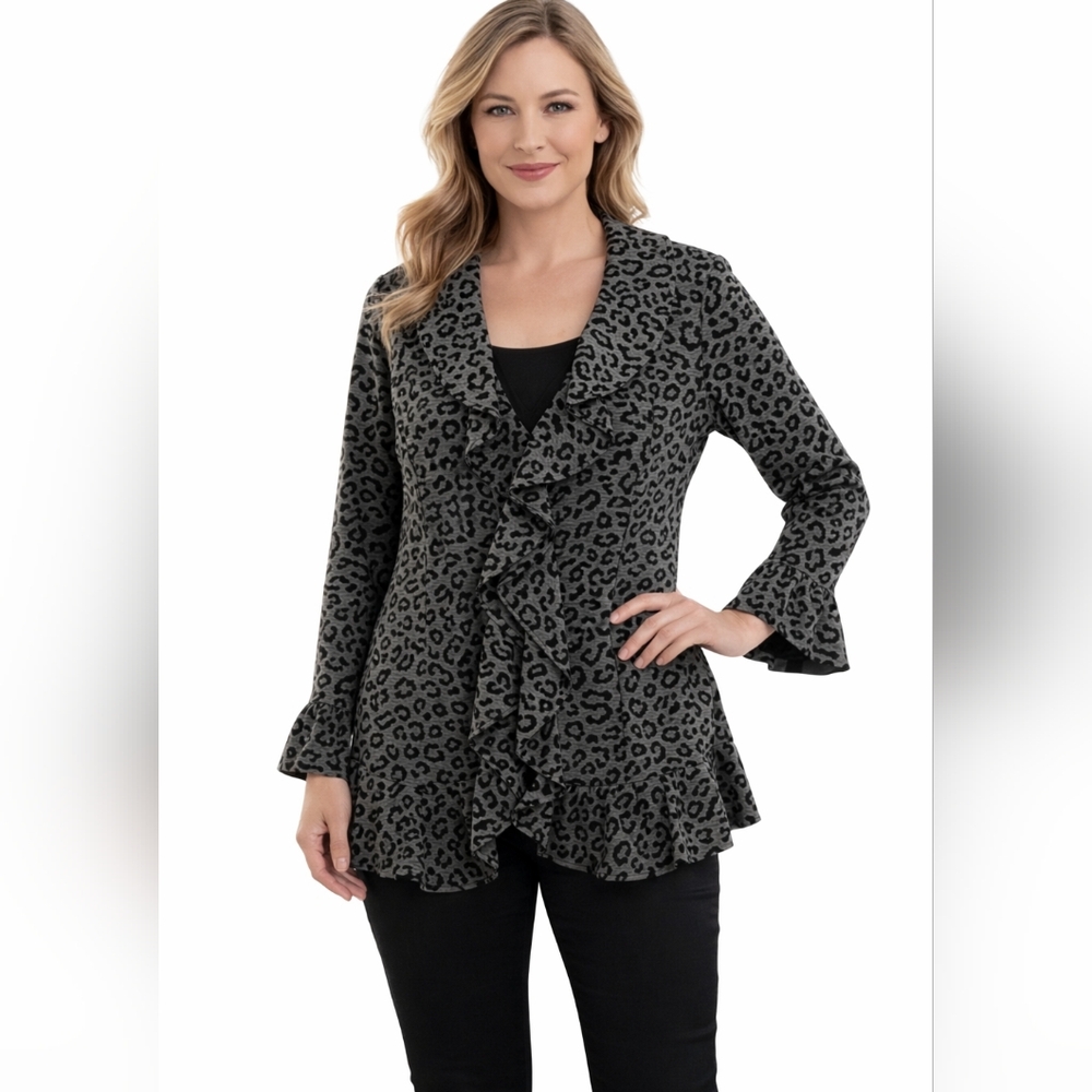 Sandro Studio Black Grey Leopard Print Ruffle Front Belted Blazer Size Small